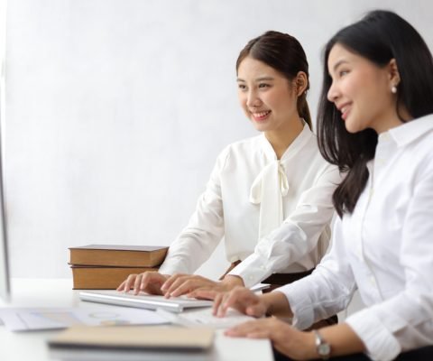 Businesswoman colleague working together at desk discussing business project planning on computer and paperwork.