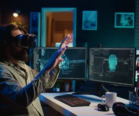 Programmer using VR headset to answer awaken AI gaining consciousness asking existential questions. Developer using virtual reality tech to chat with artificial intelligence, camera B